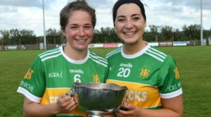 Kilmihil teammates Ellie O’Gorman and Natasha Murray celebrate their historic victory. Photo: Gerry O’Neill.