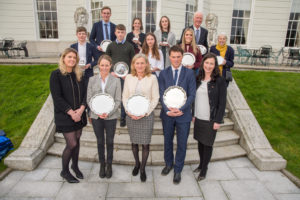 HW Awards: Back row (l-r) Paul Kennedy, Judy Reynolds, Hannah Woodworth, Paul McAuley. Middle row (l-r) Rhys Williams, Seamus Hughes Kennedy, Sophie Foyle, Robyn Moran, Ruth Rogers. Front row (l-r) Nikki Wallace of Gain Equine Nutrition, Sarah Ennis, Sally Corscadden, Sam Watson and Joanne Hurley of Gain Equine Nutrition. 