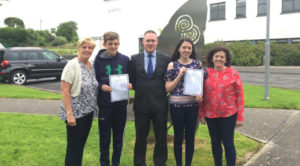 (l-r) Trisha Donnellan, Michael Donnellan, Principal Denis O'Rourke, Ciara Kenny and Catherine Kenny at St John Bosco Community College Kildysart. Photo (c) Clare FM