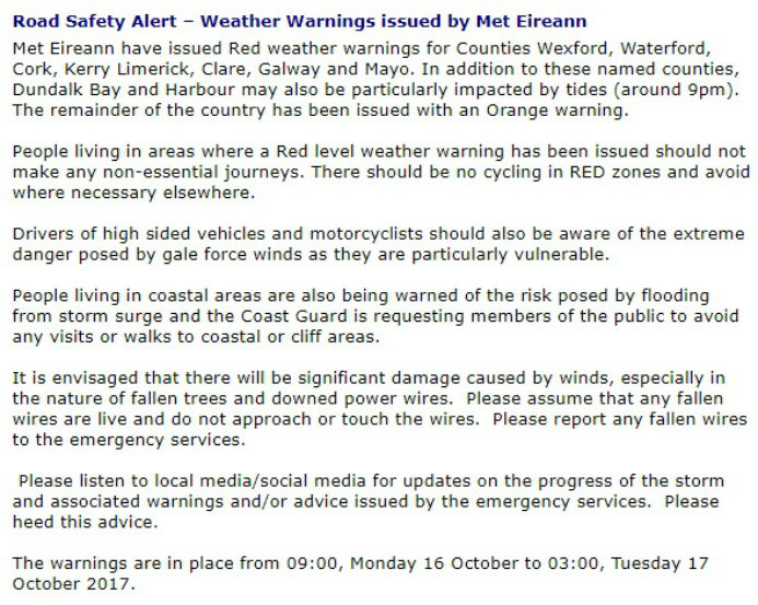 Garda Advice Storm Ophelia